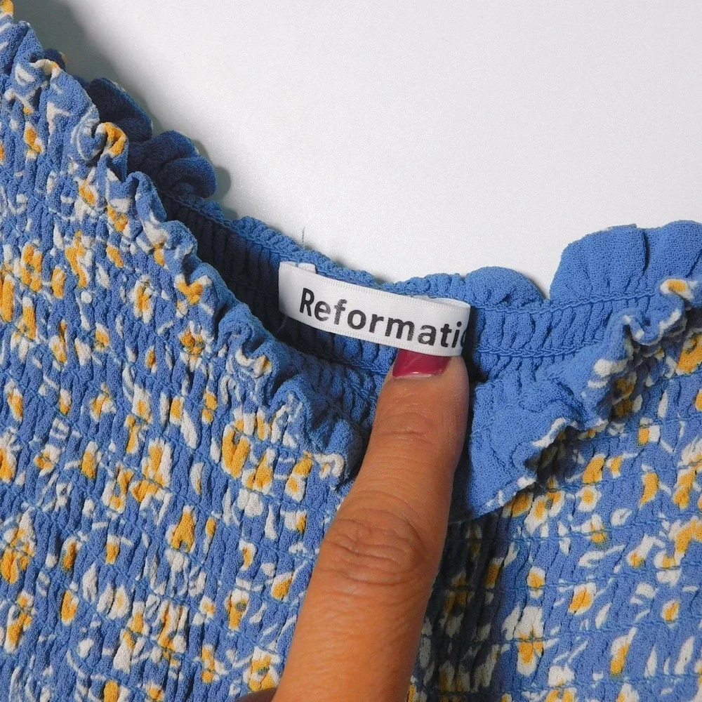 Reformation Pinto Top Blue Floral Smocked Bodice Long Sleeve Blouse Medium